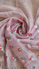 Pink Organza Saree Jacquard stripes with Floral Embroidery Border