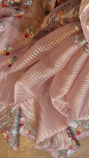 Pink Organza Saree Jacquard stripes with Floral Embroidery Border