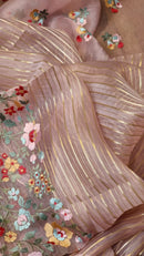 Pink Organza Saree Jacquard stripes with Floral Embroidery Border