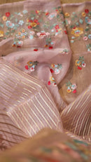 Pink Organza Saree Jacquard stripes with Floral Embroidery Border