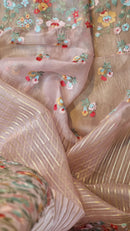 Pink Organza Saree Jacquard stripes with Floral Embroidery Border