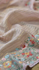 Pink Organza Saree Jacquard stripes with Floral Embroidery Border