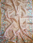 Pink Organza Saree Jacquard stripes with Floral Embroidery Border