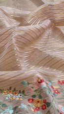 Pink Organza Saree Jacquard stripes with Floral Embroidery Border