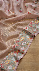 Pink Organza Saree Jacquard stripes with Floral Embroidery Border
