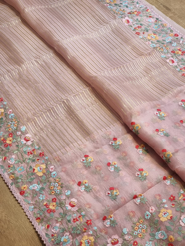 Pink Organza Saree Jacquard stripes with Floral Embroidery Border
