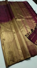 Celebrity Style - Actress Rekha Inspired Pure Zari Maroon Raising Temple Border Kanchipuram Silk Saree with Double Side Border