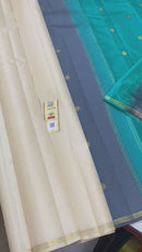 Half White Plain Handloom Kanchipuram Silk Saree with Dual Colour Pallu