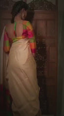 Half White Plain Soft Silk Sarees with Checked Pallu and Checked Blouse